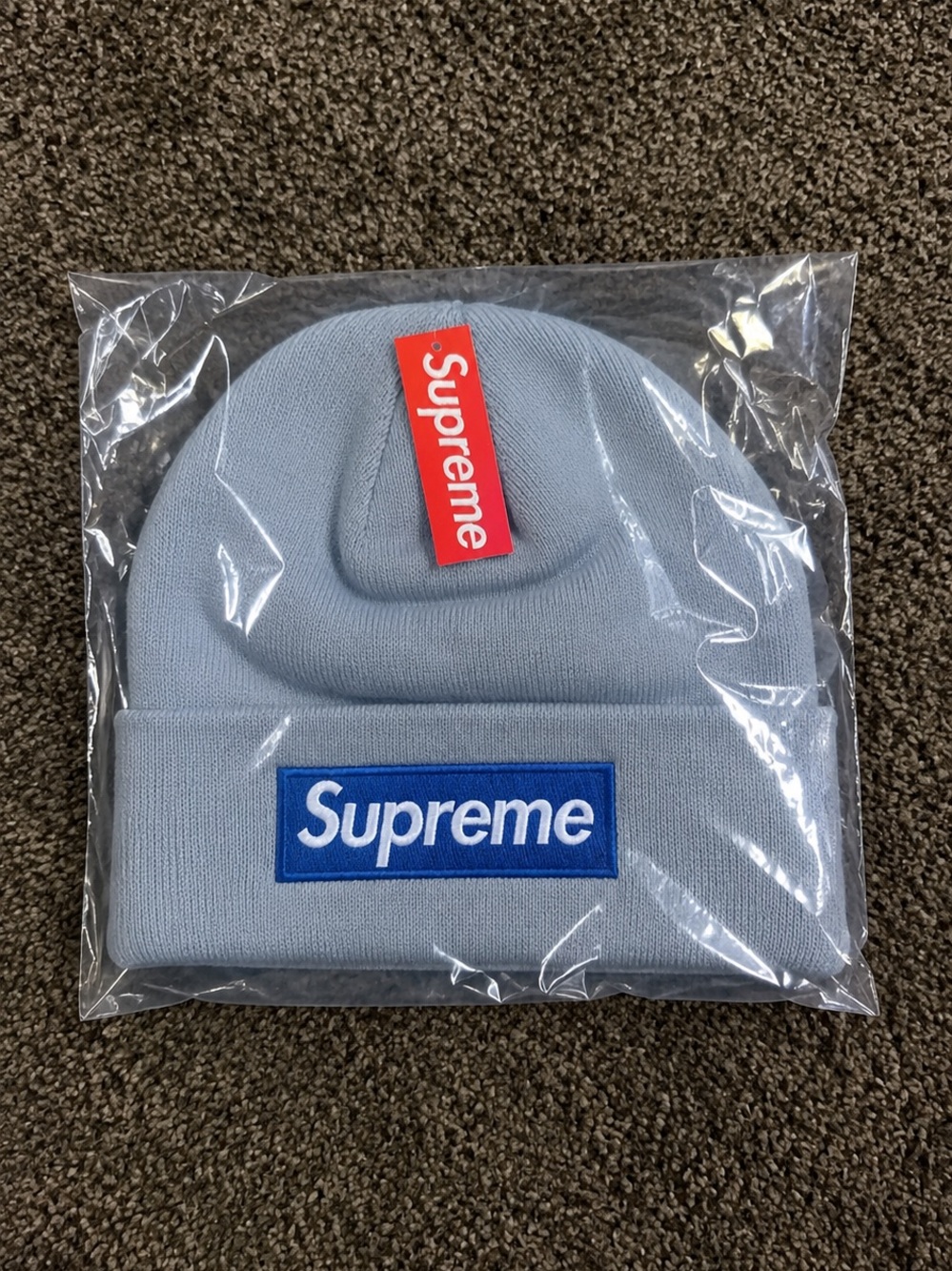 Supreme Light Blue Knit Beanie with Blue Box Logo